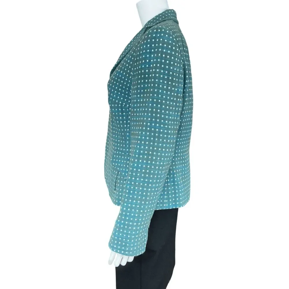 AKRIS Punto Womens Linen Cotton Blazer Size 12 Turquoise White Check Print